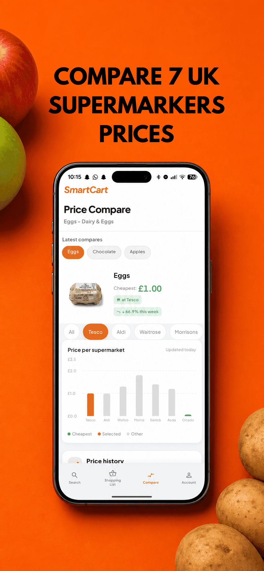 SmartCart app screen comparing prices across UK supermarkets