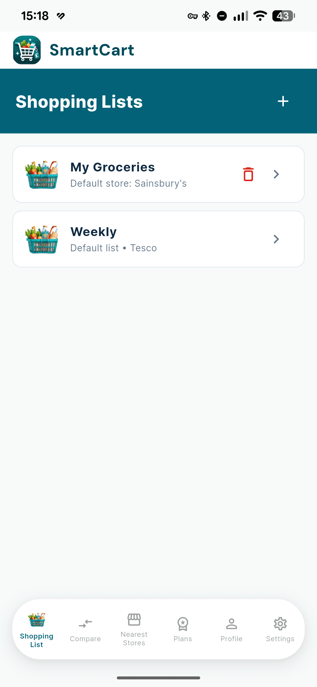 SmartCart shopping lists screen