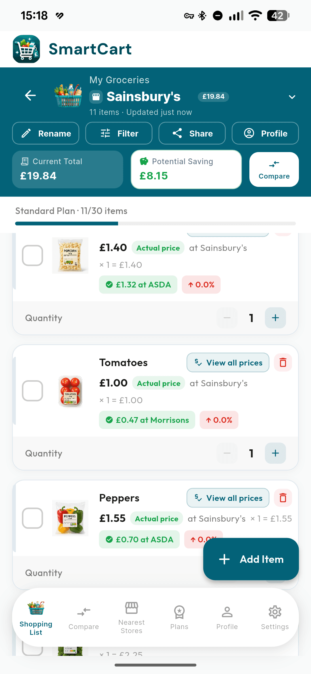 SmartCart shopping list screenshot