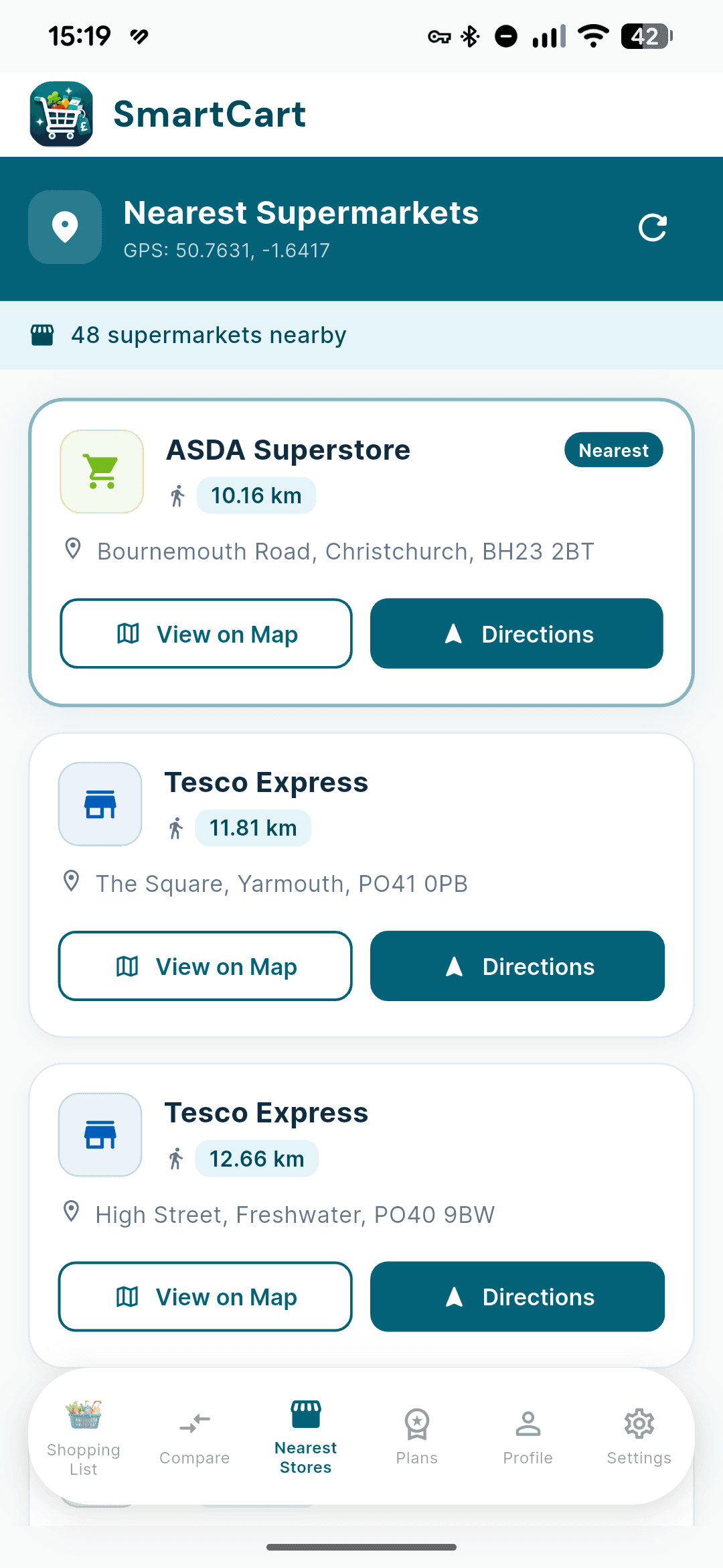 SmartCart nearest supermarkets screenshot